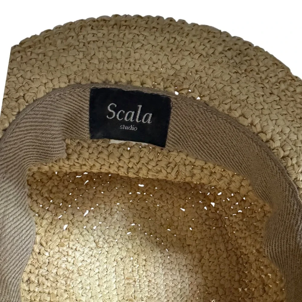 Scala Studio Tan Woven Straw Sun Hat with Side Bow Detail One Size Women‎